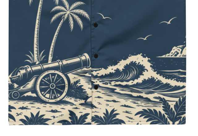 Cannon Coast Beach Button-Up — Navy / Cream — cannon wheel and wave print detail cropped from supplier digital mockup; Printful all-over-print unisex button-up shirt Navy and cream all-over print; supplier digital mockup.