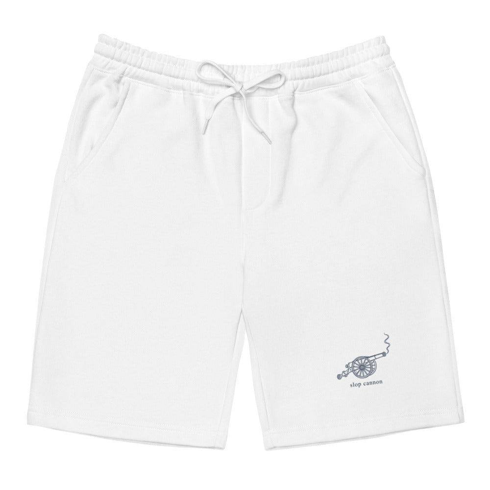 Carriage fleece shorts — White — full front with navy artwork on wearer-left leg; Independent Trading Co. IND20SRT White; supplier digital mockup.