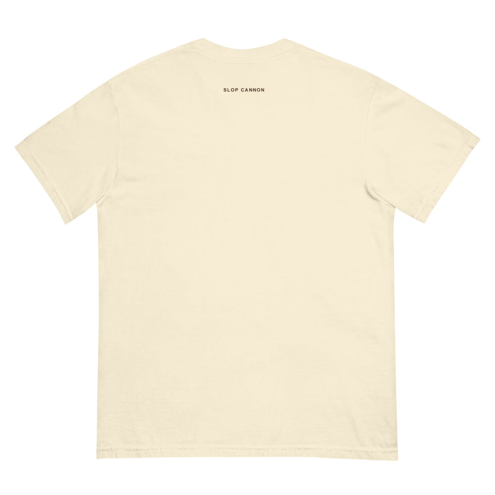 Pig Oval tee — Ivory — full back with small brown outside-neckline wordmark; otherwise blank back; Comfort Colors 1717 garment-dyed heavyweight tee Ivory; supplier digital mockup.