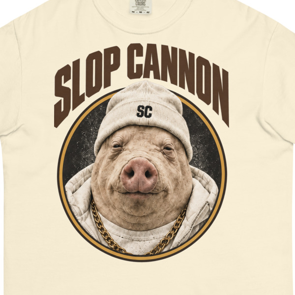 Pig Oval tee — Ivory — full front lettering and pig artwork detail, literally cropped from supplier digital mockup; Comfort Colors 1717 garment-dyed heavyweight tee Ivory; supplier digital mockup.