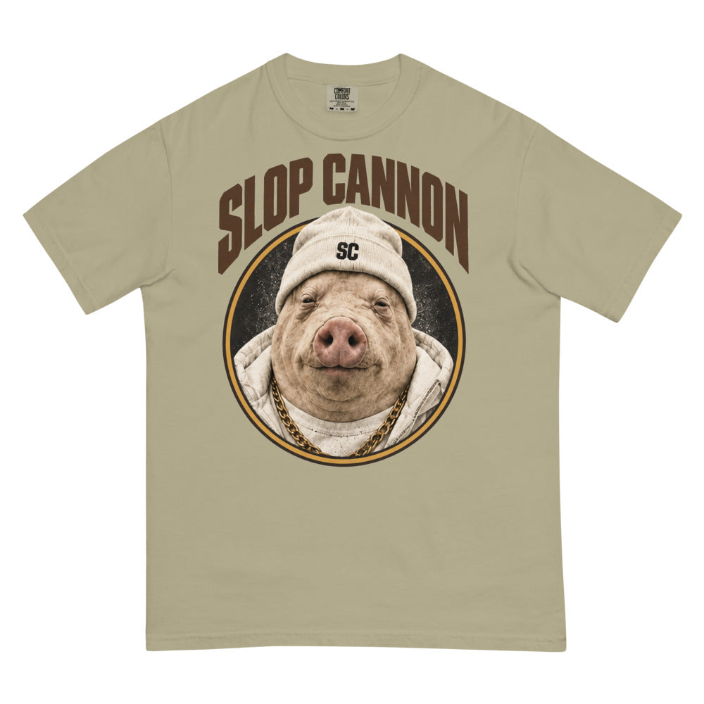 Pig Oval tee — Khaki — full front with approved artwork; Comfort Colors 1717 garment-dyed heavyweight tee Khaki; supplier digital mockup.