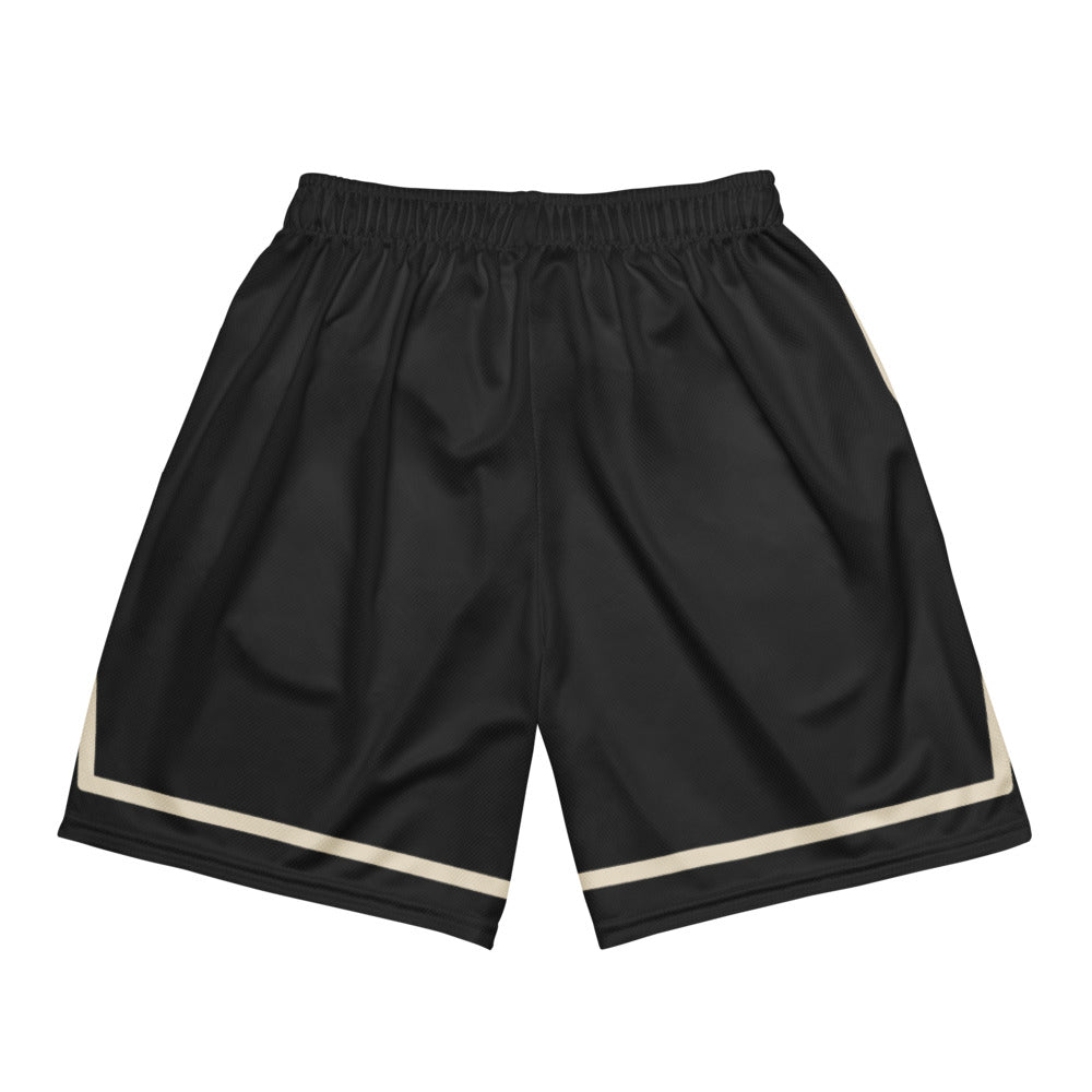 Cannon Boys mesh shorts — Black (printed) — full back with printed contrast bands; no back graphic; Printful all-over-print recycled unisex mesh shorts White base with printed Black (printed); supplier digital mockup.