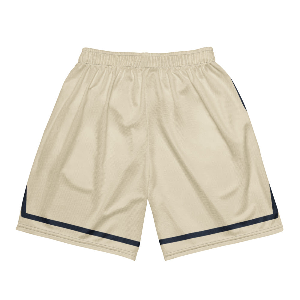 Cannon Boys mesh shorts — Bone (printed) — full back with printed contrast bands; no back graphic; Printful all-over-print recycled unisex mesh shorts White base with printed Bone (printed); supplier digital mockup.