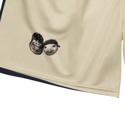 Cannon Boys mesh shorts — Bone (printed) — wearer-right leg heads detail cropped from supplier digital mockup; Printful all-over-print recycled unisex mesh shorts White base with printed Bone (printed); supplier digital mockup.
