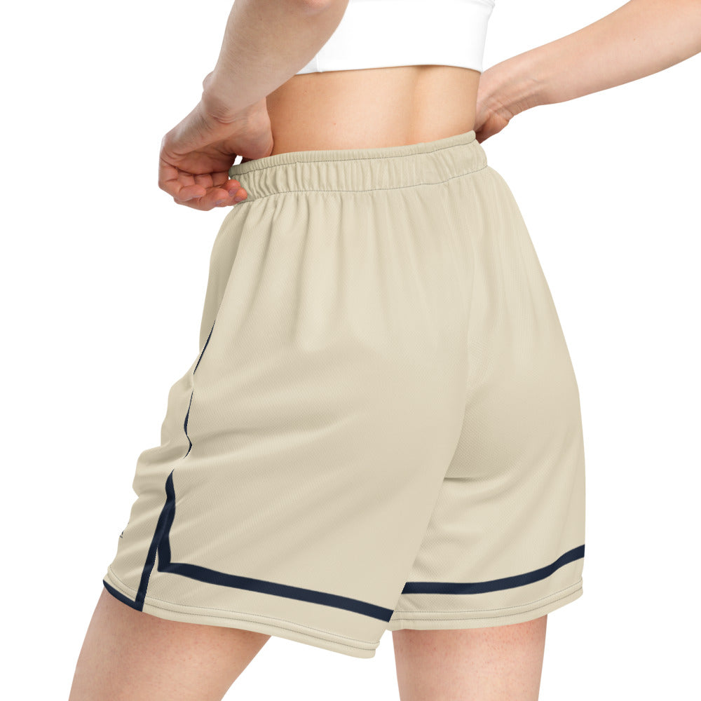 Cannon Boys mesh shorts — Bone (printed) — rear three-quarter model view with printed contrast bands; shorts only; Printful all-over-print recycled unisex mesh shorts White base with printed Bone (printed); supplier digital mockup.