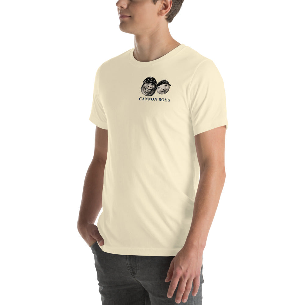 Cannon Boys tee — Natural — three-quarter model view; tee only; Bella + Canvas 3001 Natural; supplier digital mockup.