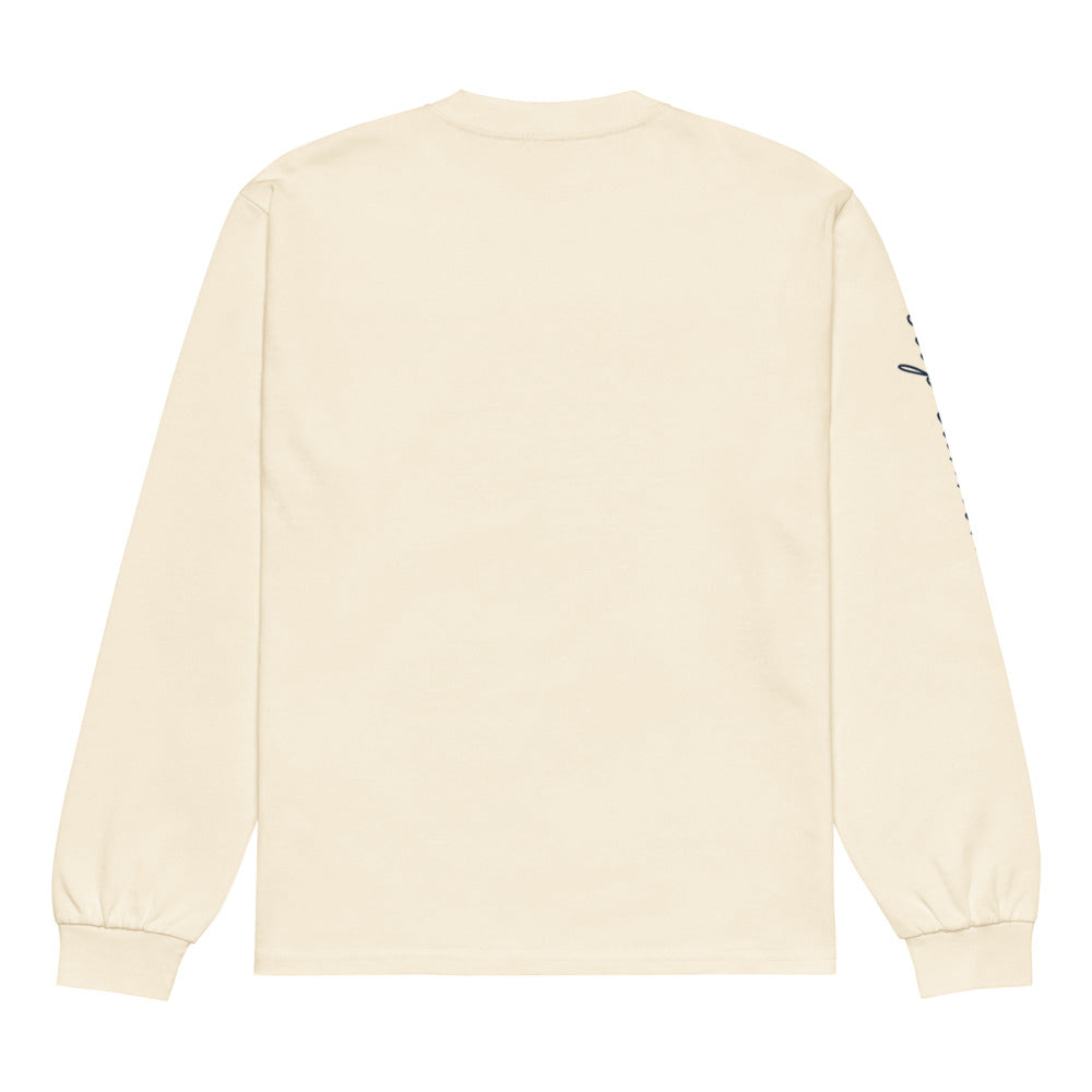Gallery Script long-sleeve tee — Ecru — full back; no back print; AS Colour 5081 long sleeve Ecru; supplier digital mockup.