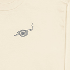 Gallery Script long-sleeve tee — Ecru — front artwork detail cropped from supplier digital mockup; AS Colour 5081 long sleeve Ecru; supplier digital mockup.