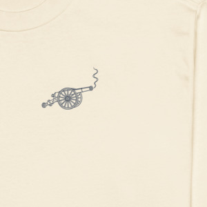 Gallery Script long-sleeve tee — Ecru — front artwork detail cropped from supplier digital mockup; AS Colour 5081 long sleeve Ecru; supplier digital mockup.