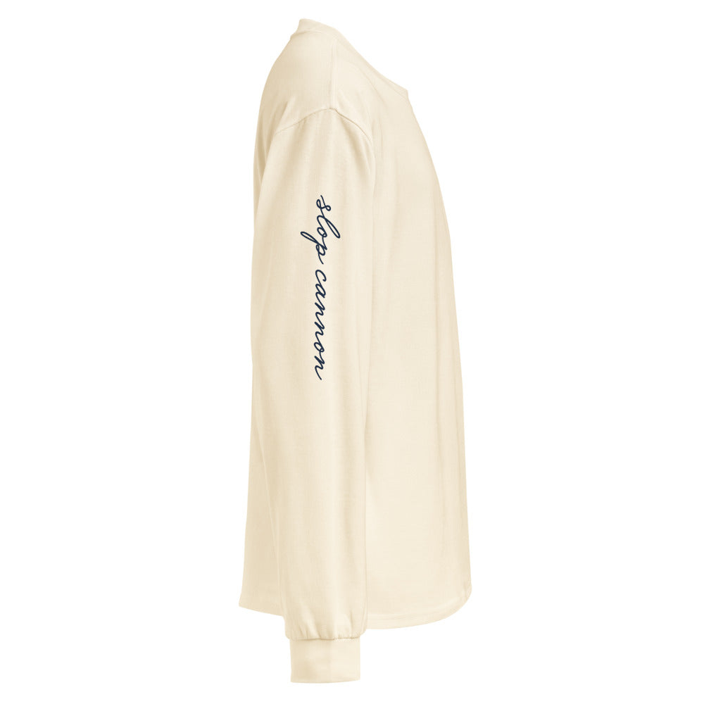 Gallery Script long-sleeve tee — Ecru — right sleeve with Slop Cannon script; AS Colour 5081 long sleeve Ecru; supplier digital mockup.