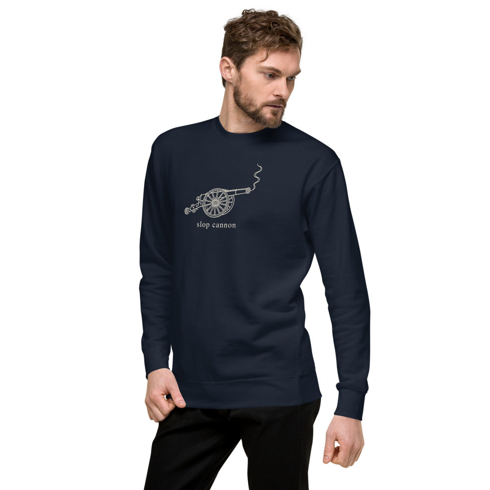 Smoke Signal crewneck — Navy Blazer — three-quarter model view; crewneck only; Cotton Heritage M2480 crewneck Navy Blazer; supplier digital mockup.