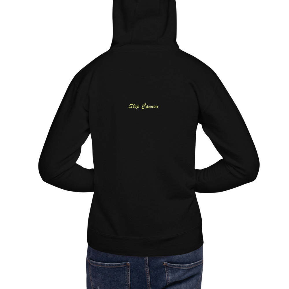 Smoke Signal Hoodie — Black — back model view; hoodie only; Cotton Heritage M2580 pullover hoodie Black; supplier digital mockup.