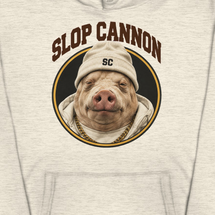 Slop Cannon Sleepy Pig Oval Hoodie — Oatmeal — complete sleepy pig oval and lettering detail cropped from supplier digital mockup; Cotton Heritage M2580 pullover hoodie Oatmeal Heather; supplier digital mockup.