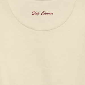 Slop Cannon Original Collegiate Crewneck — Oatmeal — outside-neckline script detail cropped from supplier digital mockup; Cotton Heritage M2480 crewneck Bone; supplier digital mockup.
