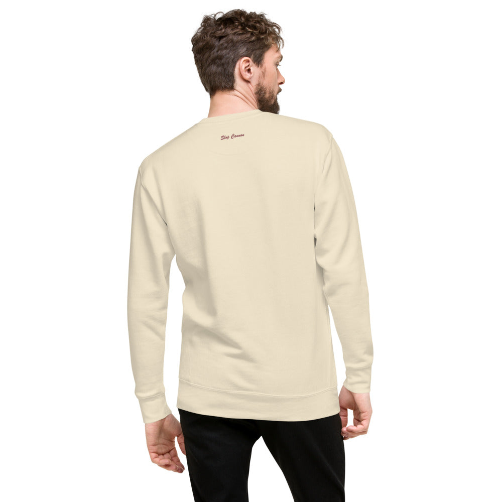 Slop Cannon Original Collegiate Crewneck — Oatmeal — back model view; crewneck only; Cotton Heritage M2480 crewneck Bone; supplier digital mockup.