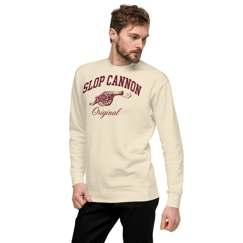Slop Cannon Original Collegiate Crewneck — Oatmeal — three-quarter model view; crewneck only; Cotton Heritage M2480 crewneck Bone; supplier digital mockup.