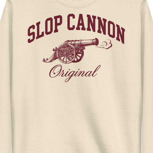 Slop Cannon Original Collegiate Crewneck — Oatmeal — front artwork detail cropped from supplier digital mockup; Cotton Heritage M2480 crewneck Bone; supplier digital mockup.