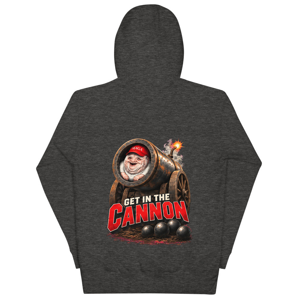 MAGAtard Cannonball Hoodie — Charcoal — full back with configured GET IN THE CANNON artwork; Cotton Heritage M2580 pullover hoodie Charcoal Heather; supplier digital mockup.
