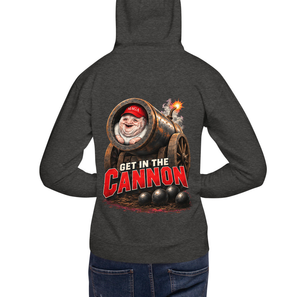 MAGAtard Cannonball Hoodie — Charcoal — back model view; hoodie only; Cotton Heritage M2580 pullover hoodie Charcoal Heather; supplier digital mockup.
