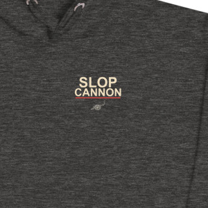 MAGAtard Cannonball Hoodie — Charcoal — left-chest wordmark detail cropped from supplier digital mockup; Cotton Heritage M2580 pullover hoodie Charcoal Heather; supplier digital mockup.