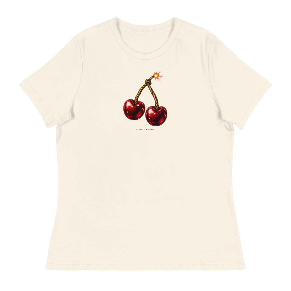 Cherry Fuse women's tee — Natural — full front with approved artwork; Women's Relaxed T-Shirt | Bella + Canvas 6400 Natural; supplier digital mockup.