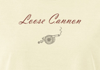 Loose Cannon women's tee — Buttermilk — small front script and cannon detail, literally cropped from supplier digital mockup; Women's Heavyweight Garment Dye Tee | Bella + Canvas 6110GD Buttermilk; supplier digital mockup.