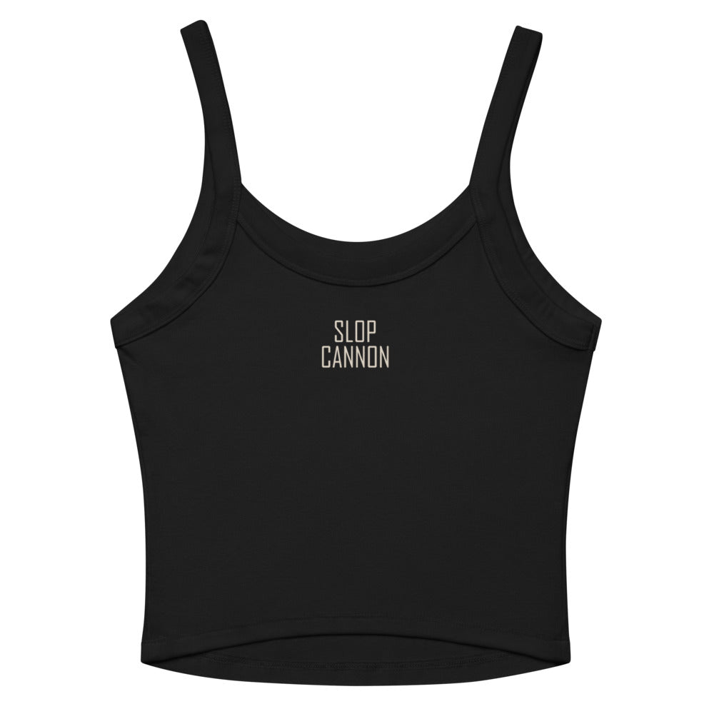 Smokeshow women's tank — Solid Black Blend — full back with small upper-back SLOP CANNON wordmark; Women's Micro-Rib Tank Top | Bella Canvas 1012 Solid Black Blend; supplier digital mockup.
