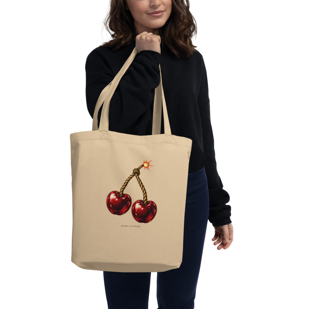 Cherry Fuse tote — Oyster — model carrying tote; tote only; Eco Tote Bag | Econscious EC8000 Oyster; supplier digital mockup.