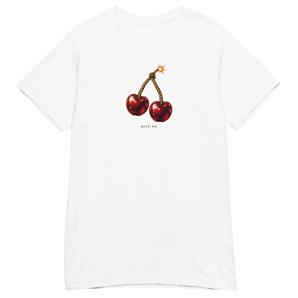 Bite Me women's tee — White — full front with approved artwork; Women's Basic Softstyle T-Shirt | Gildan 64000L White; supplier digital mockup.