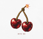 Bite Me women's tee — White — front artwork detail cropped from supplier digital mockup; Women's Basic Softstyle T-Shirt | Gildan 64000L White; supplier digital mockup.