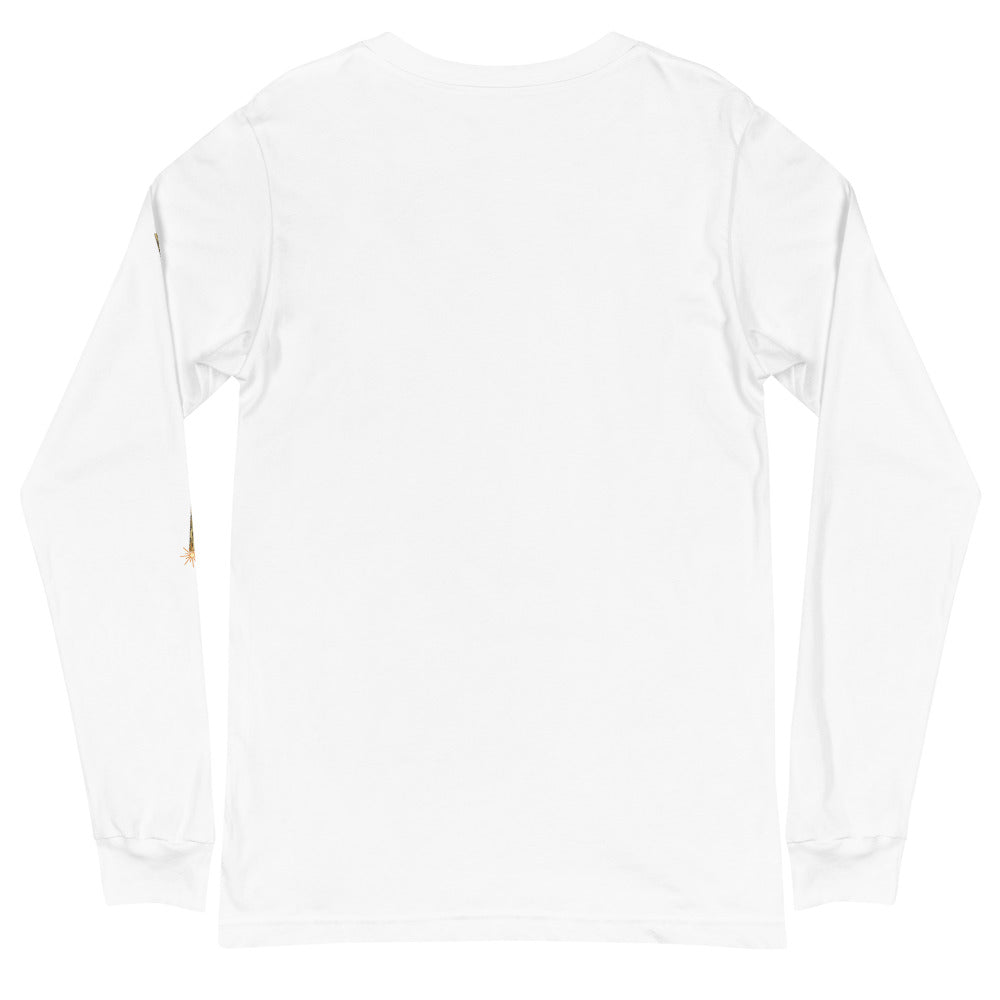 Cherry Fuse Sleeve long sleeve tee — White — plain back body with configured wearer-left sleeve print; Unisex Long Sleeve Tee | Bella + Canvas 3501 White; supplier digital mockup.