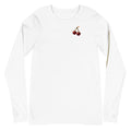 Cherry Fuse Sleeve long sleeve tee — White — full front with approved artwork; Unisex Long Sleeve Tee | Bella + Canvas 3501 White; supplier digital mockup.