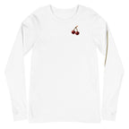 Cherry Fuse Sleeve long sleeve tee — White — full front with approved artwork; Unisex Long Sleeve Tee | Bella + Canvas 3501 White; supplier digital mockup.
