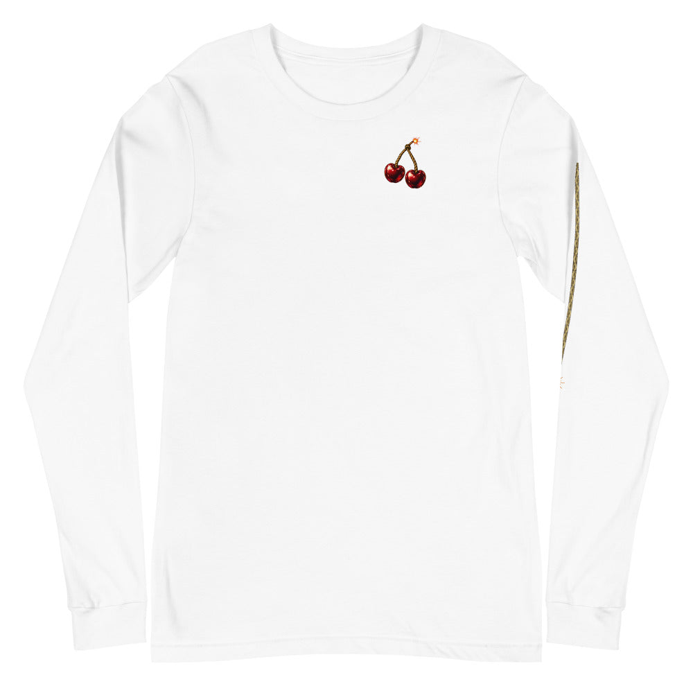 Cherry Fuse Sleeve long sleeve tee — White — full front with approved artwork; Unisex Long Sleeve Tee | Bella + Canvas 3501 White; supplier digital mockup.