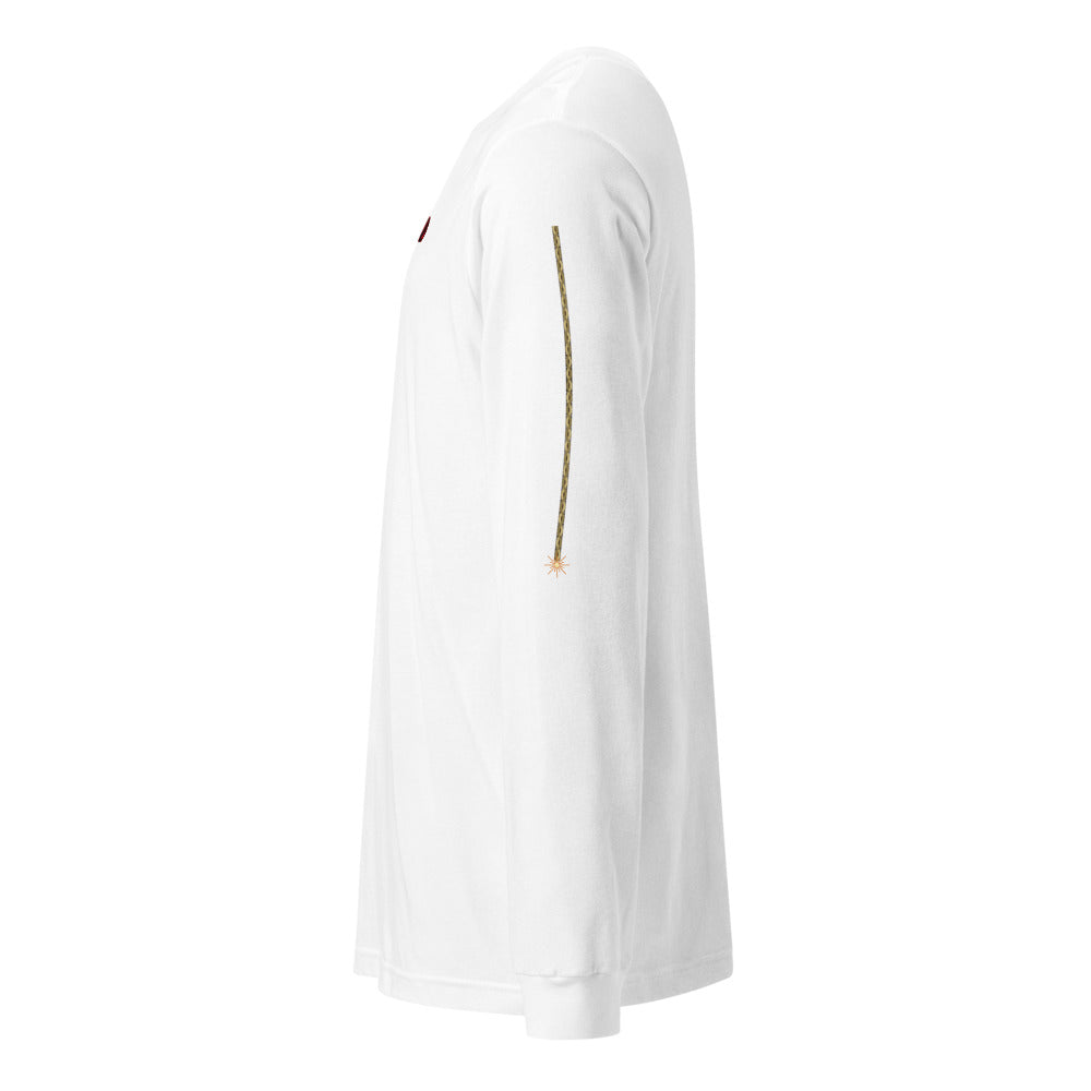 Cherry Fuse Sleeve long sleeve tee — White — wearer-left side showing configured fuse sleeve print; Unisex Long Sleeve Tee | Bella + Canvas 3501 White; supplier digital mockup.