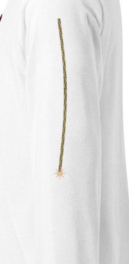 Cherry Fuse Sleeve long sleeve tee — White — wearer-left fuse sleeve artwork detail cropped from supplier digital mockup; Unisex Long Sleeve Tee | Bella + Canvas 3501 White; supplier digital mockup.