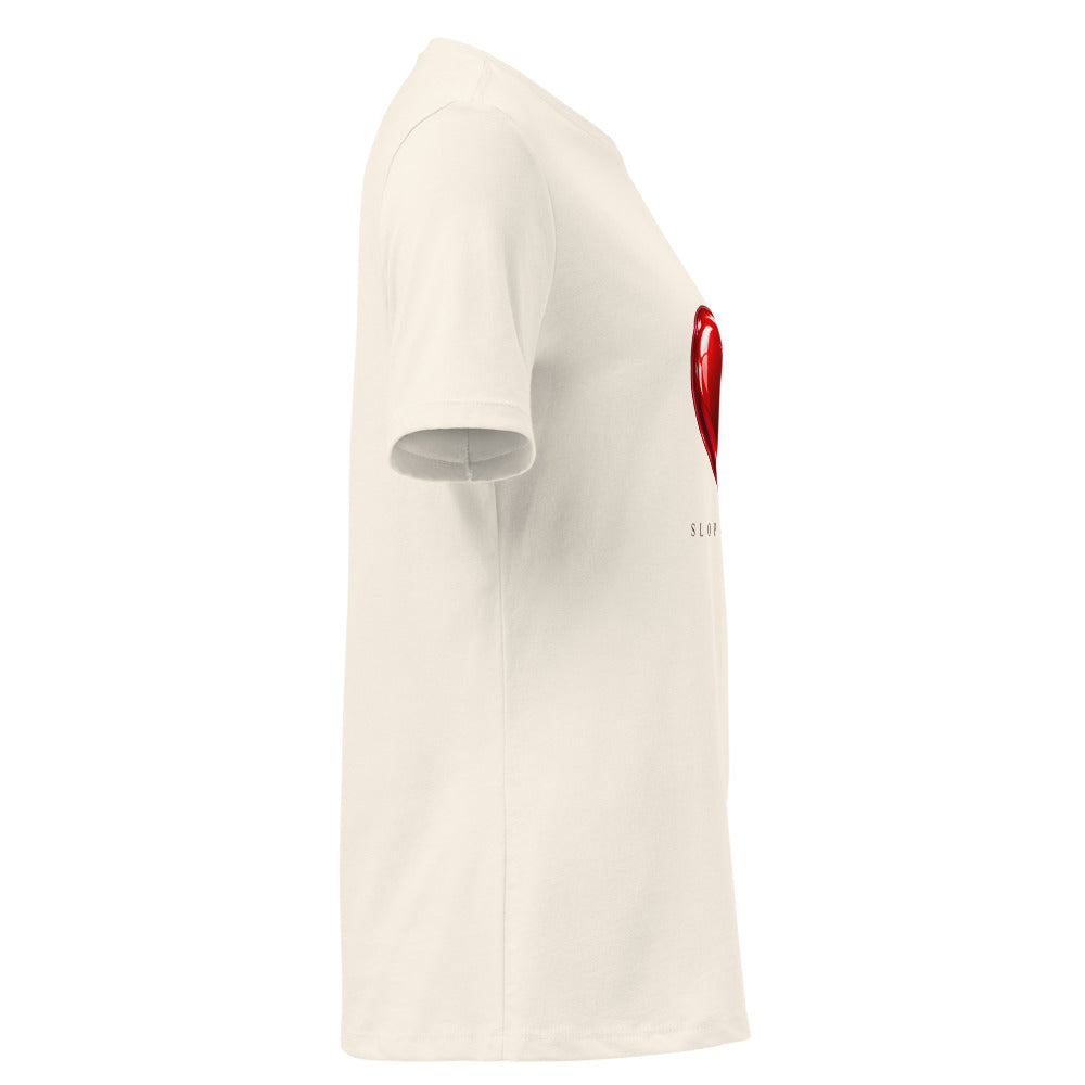 Heart Fuse women's tee — Natural — side view with plain sleeve and configured front artwork; Women's Relaxed T-Shirt | Bella + Canvas 6400 Natural; supplier digital mockup.