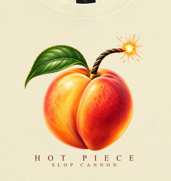 Hot Piece women's tee — Buttermilk — front artwork detail cropped from supplier digital mockup; Women's Heavyweight Garment Dye Tee | Bella + Canvas 6110GD Buttermilk; supplier digital mockup.