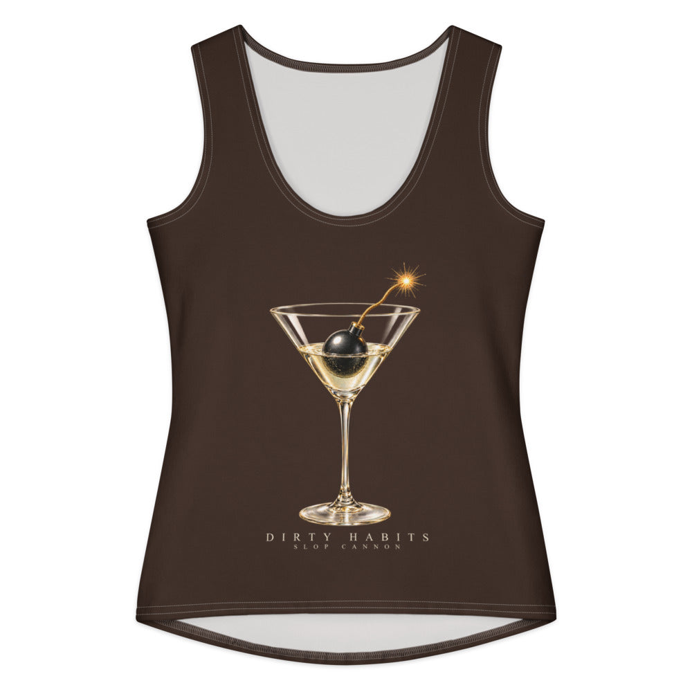 Dirty Habits cotton tank — Espresso — full front with approved artwork; All-Over Print Women's Cotton Tank Top Espresso printed panels; supplier digital mockup.