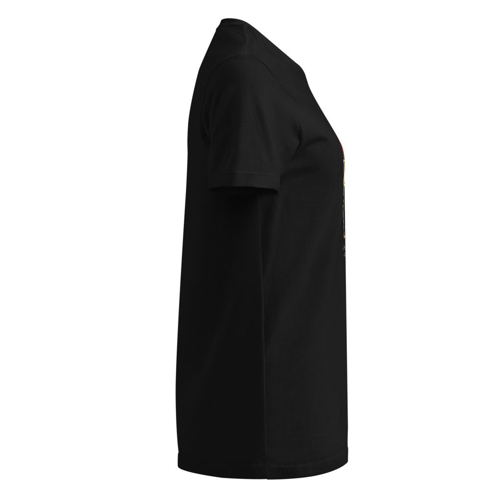 Loaded women's tee — Black — side view with plain sleeve and configured front artwork; Women's Basic Softstyle T-Shirt | Gildan 64000L Black; supplier digital mockup.