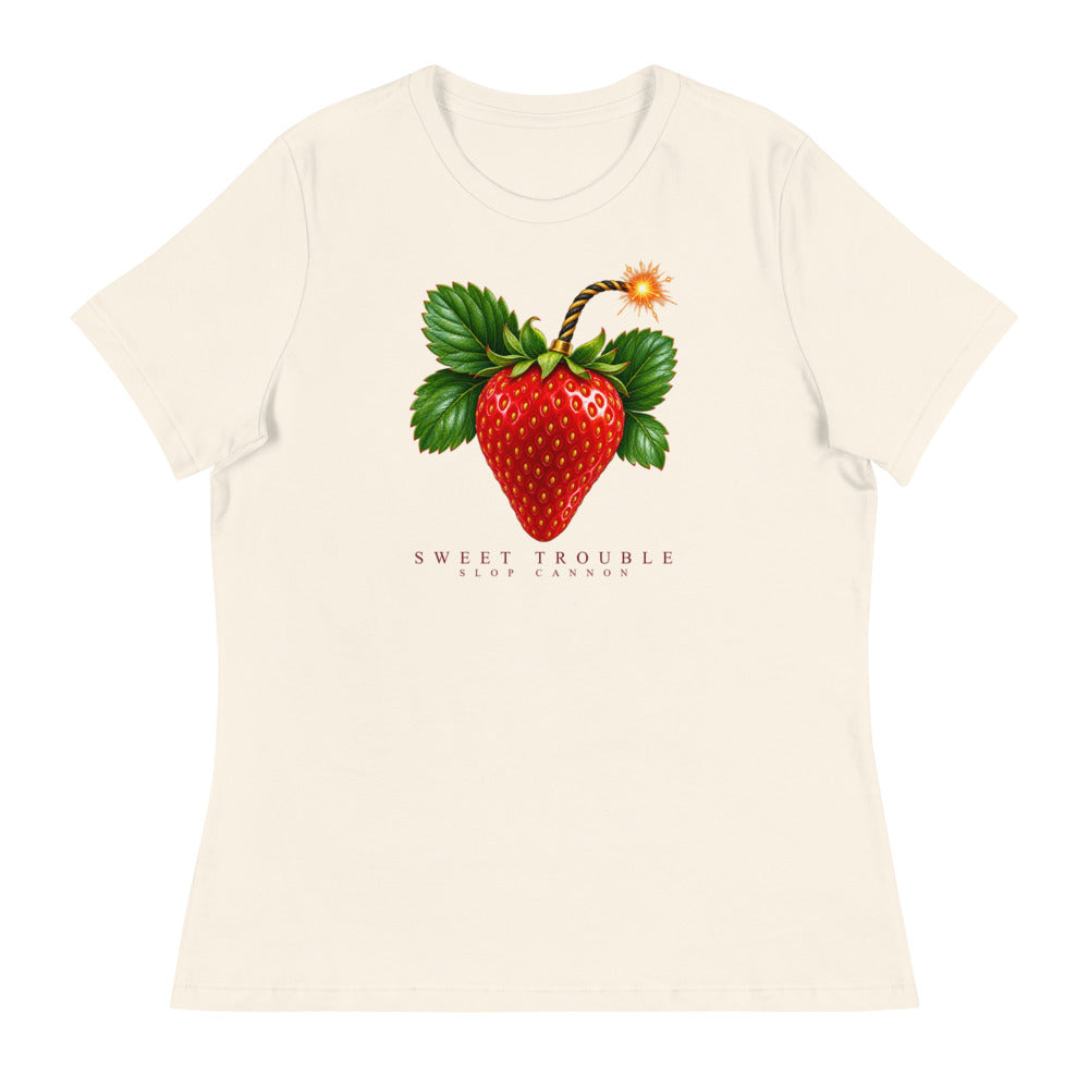 Sweet Trouble women's tee — Natural — full front with approved artwork; Women's Relaxed T-Shirt | Bella + Canvas 6400 Natural; supplier digital mockup.