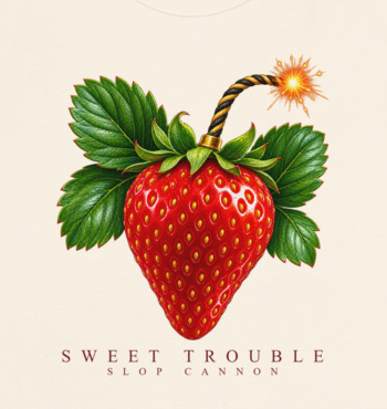 Sweet Trouble women's tee — Natural — front artwork detail cropped from supplier digital mockup; Women's Relaxed T-Shirt | Bella + Canvas 6400 Natural; supplier digital mockup.