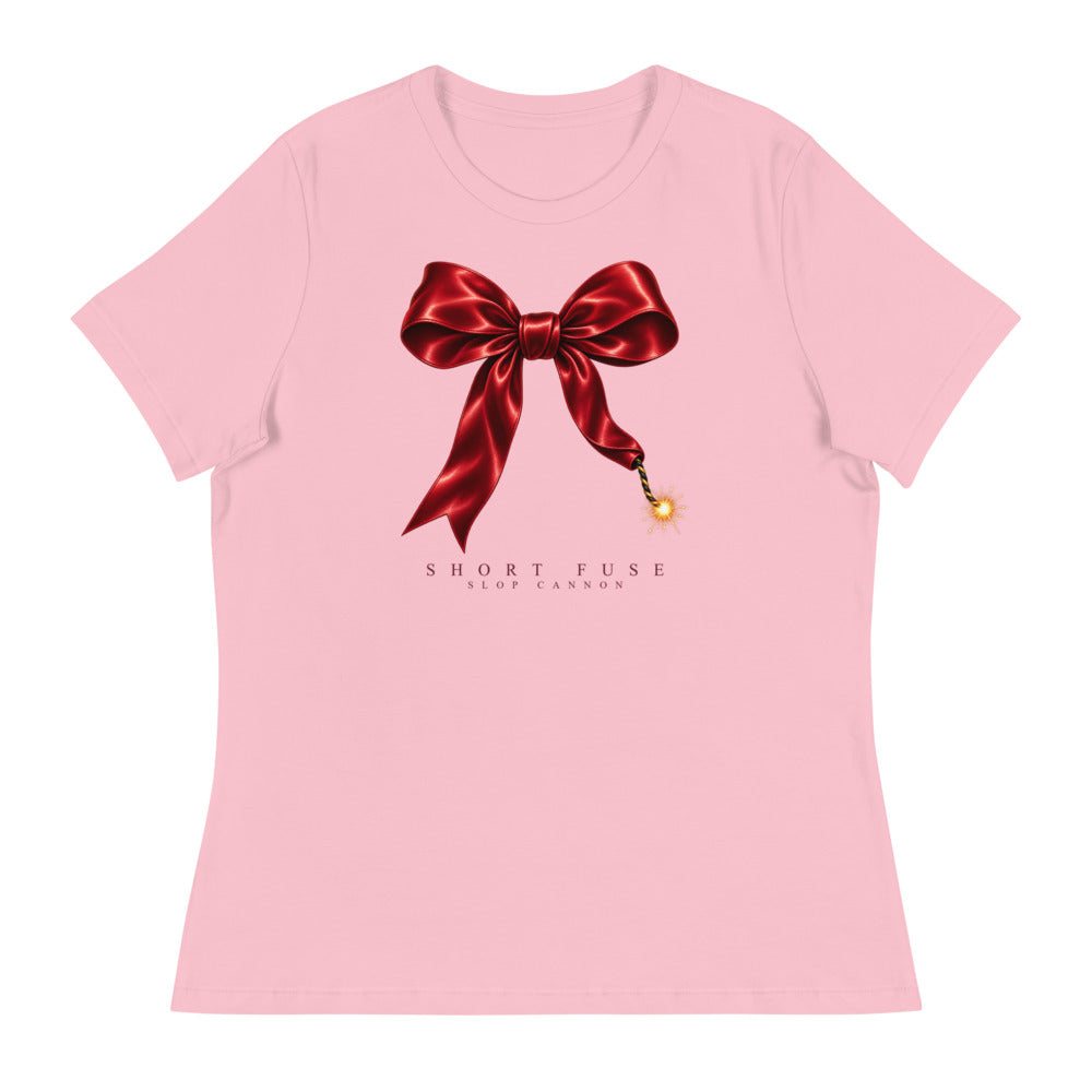 Short Fuse women's tee — Pink — full front with approved artwork; Women's Relaxed T-Shirt | Bella + Canvas 6400 Pink; supplier digital mockup.
