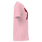 Short Fuse women's tee — Pink — side view with plain sleeve and configured front artwork; Women's Relaxed T-Shirt | Bella + Canvas 6400 Pink; supplier digital mockup.
