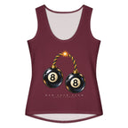 Bad Luck Club cotton tank — Burgundy — full front with approved artwork; All-Over Print Women's Cotton Tank Top Burgundy printed panels; supplier digital mockup.