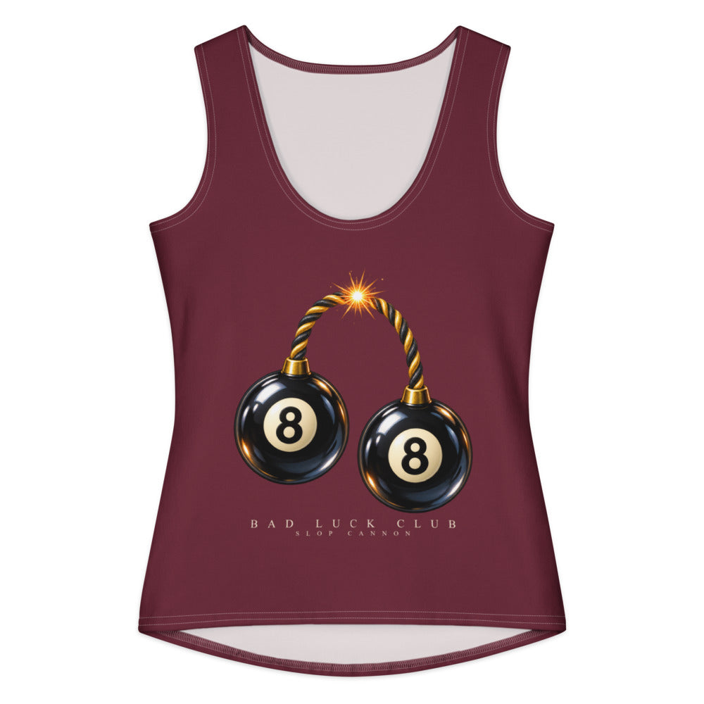Bad Luck Club cotton tank — Burgundy — full front with approved artwork; All-Over Print Women's Cotton Tank Top Burgundy printed panels; supplier digital mockup.