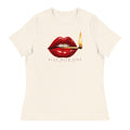 Play With Fire women's tee — Natural — full front with approved artwork; Women's Relaxed T-Shirt | Bella + Canvas 6400 Natural; supplier digital mockup.