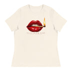 Play With Fire women's tee — Natural — full front with approved artwork; Women's Relaxed T-Shirt | Bella + Canvas 6400 Natural; supplier digital mockup.