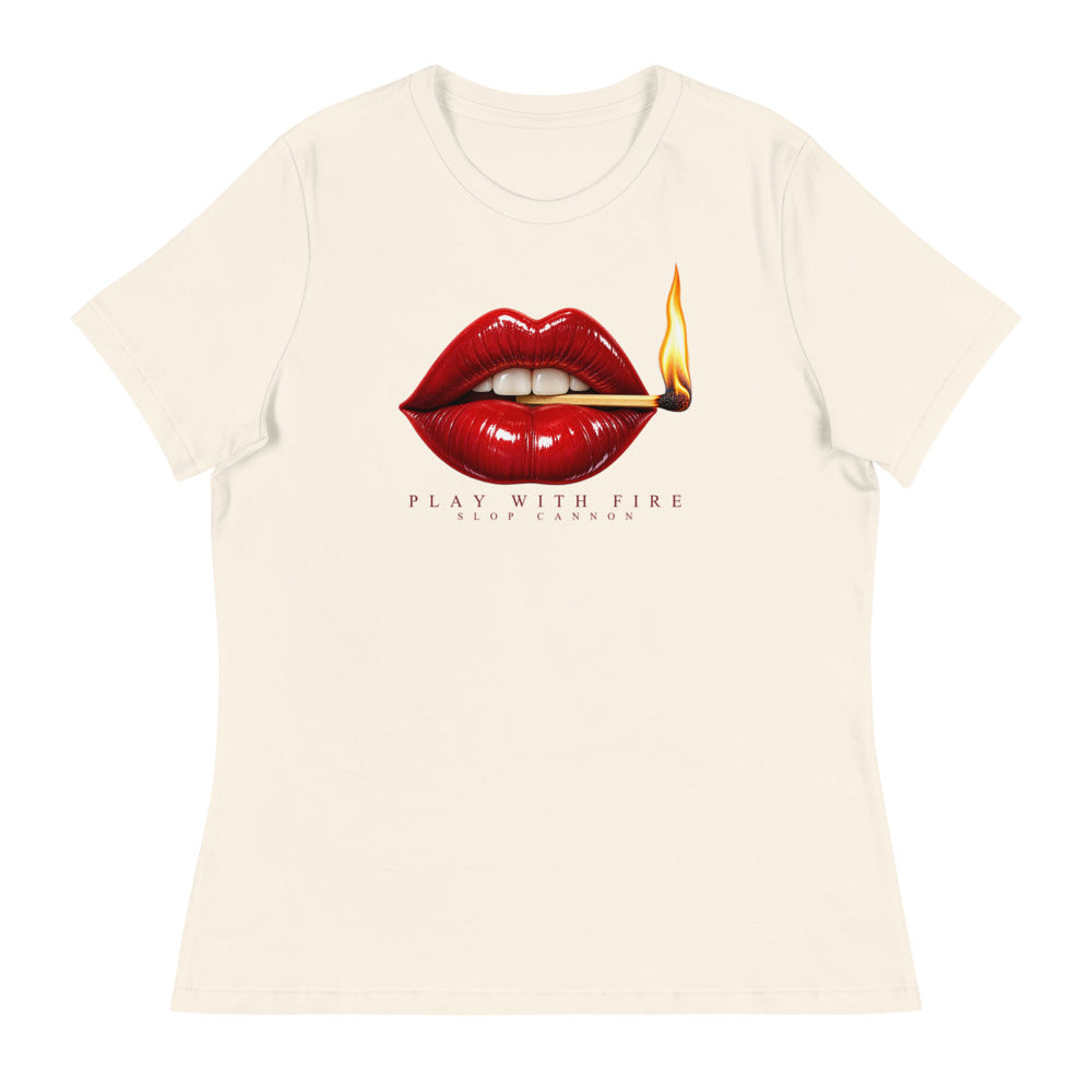Play With Fire women's tee — Natural — full front with approved artwork; Women's Relaxed T-Shirt | Bella + Canvas 6400 Natural; supplier digital mockup.