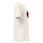 Play With Fire women's tee — Natural — side view with plain sleeve and configured front artwork; Women's Relaxed T-Shirt | Bella + Canvas 6400 Natural; supplier digital mockup.